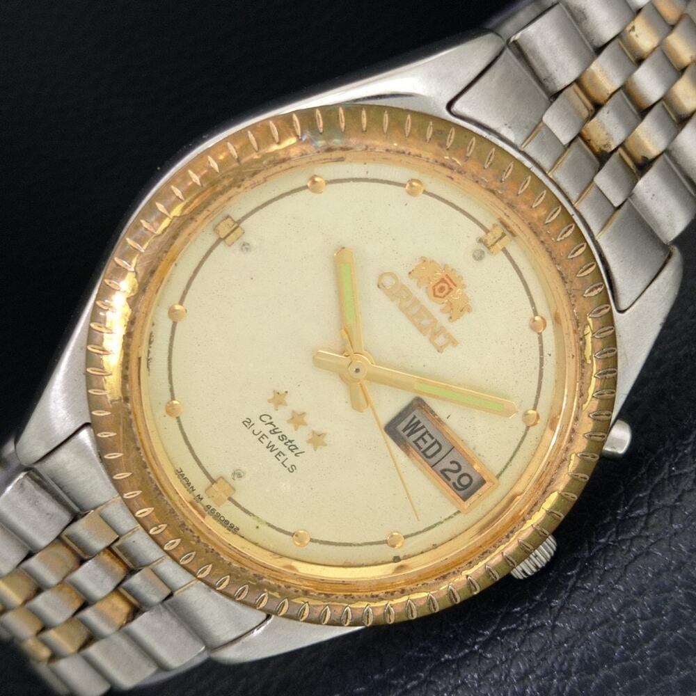 Vintage 1989 Orient Automatic Mens Silver Watch W/daydate & Gold accents